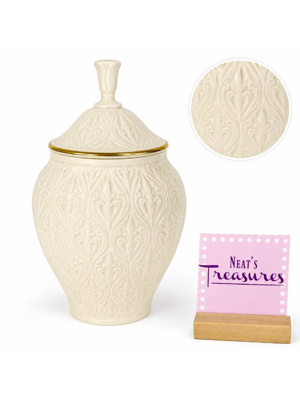 Lenox KISMET COLLECTION Cream Embossed Hand Decorated 24KT Gold 9" Lid Candy Jar